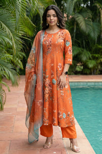 Orange Floral Printed Rayon Straight Kurta with Pant and Dupatta Set