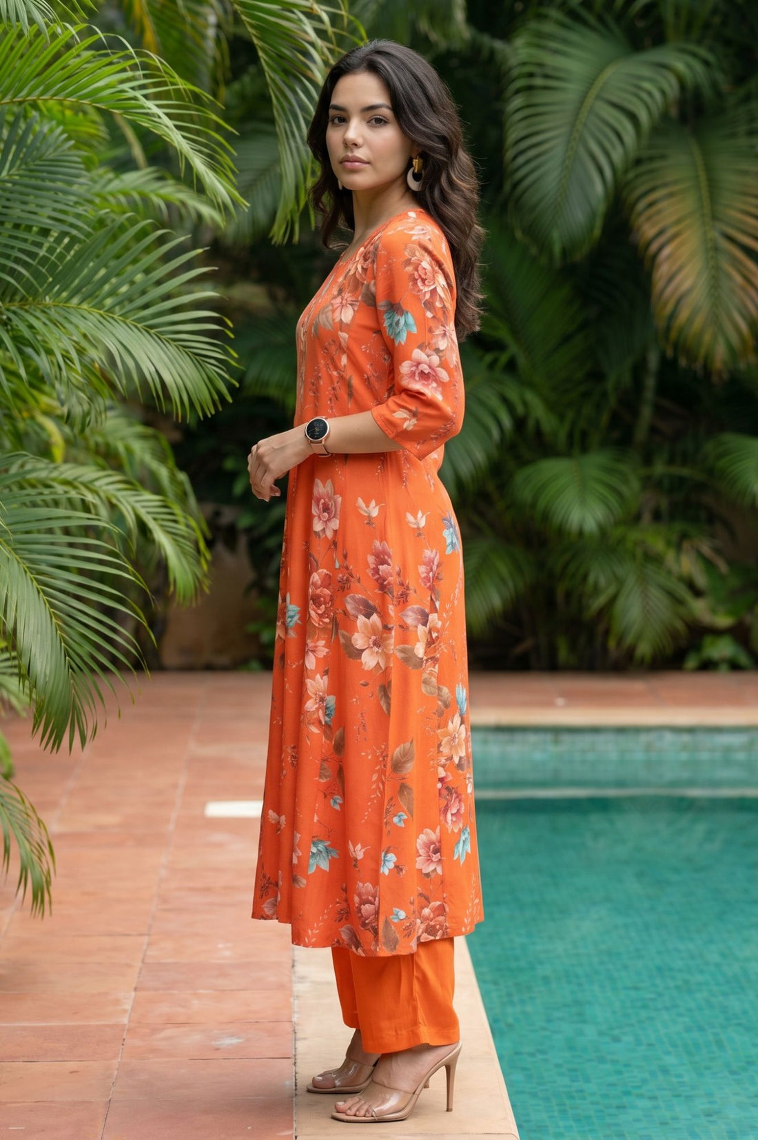 Orange Floral Printed Rayon Straight Kurta with Pant and Dupatta Set