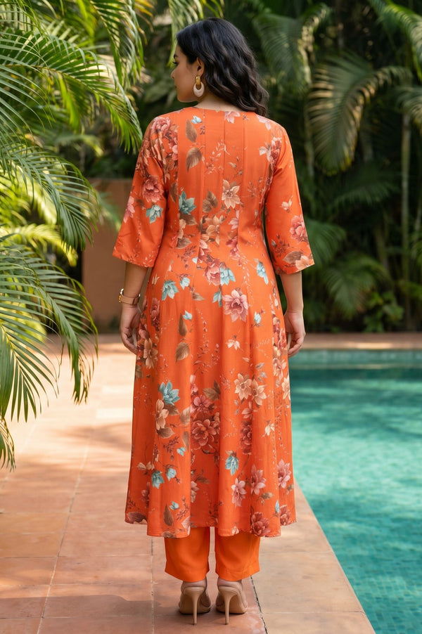 Orange Floral Printed Rayon Straight Kurta with Pant and Dupatta Set