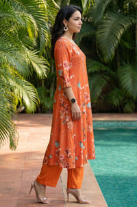 Orange Floral Printed Rayon Straight Kurta with Pant and Dupatta Set