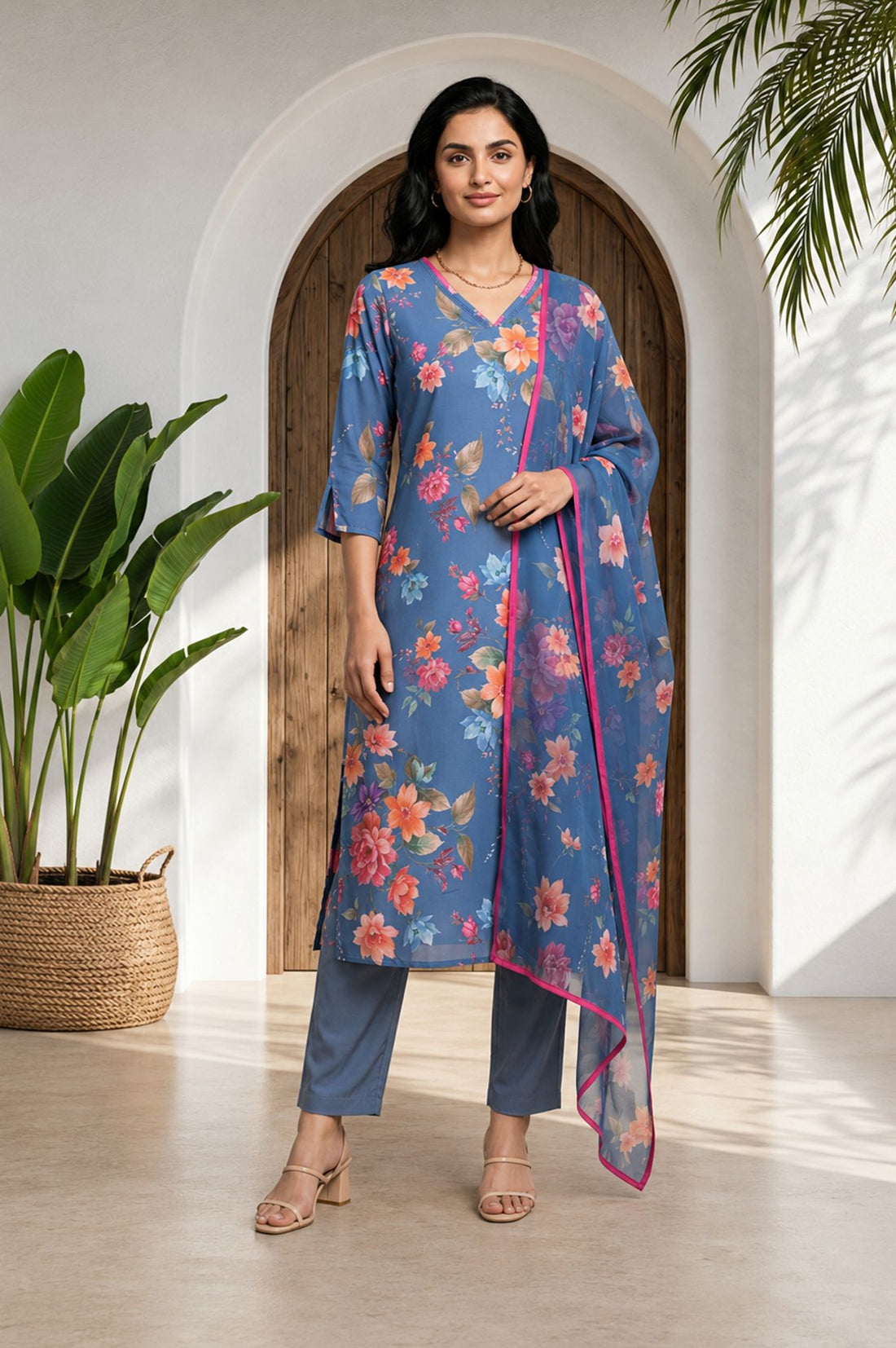 Blue Floral Printed Rayon Straight Kurta with Straight Pants and Dupatta Set