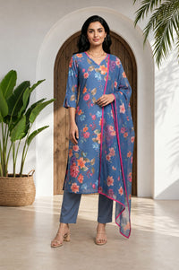 Blue Floral Printed Rayon Straight Kurta with Straight Pants and Dupatta Set