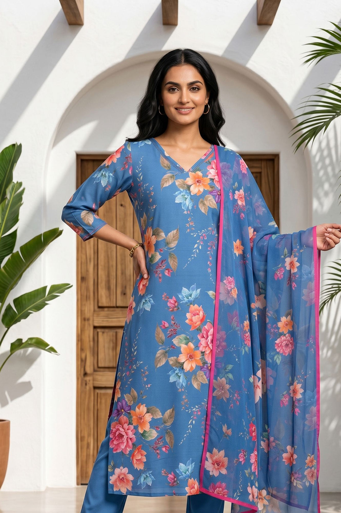 Blue Floral Printed Rayon Straight Kurta with Straight Pants and Dupatta Set