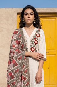 Off White Thread Embroidered Cotton Flax Straight Kurta with Pants and Dupatta Set