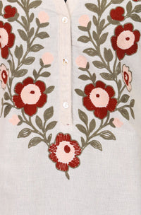 Off White Thread Embroidered Cotton Flax Straight Kurta with Pants and Dupatta Set