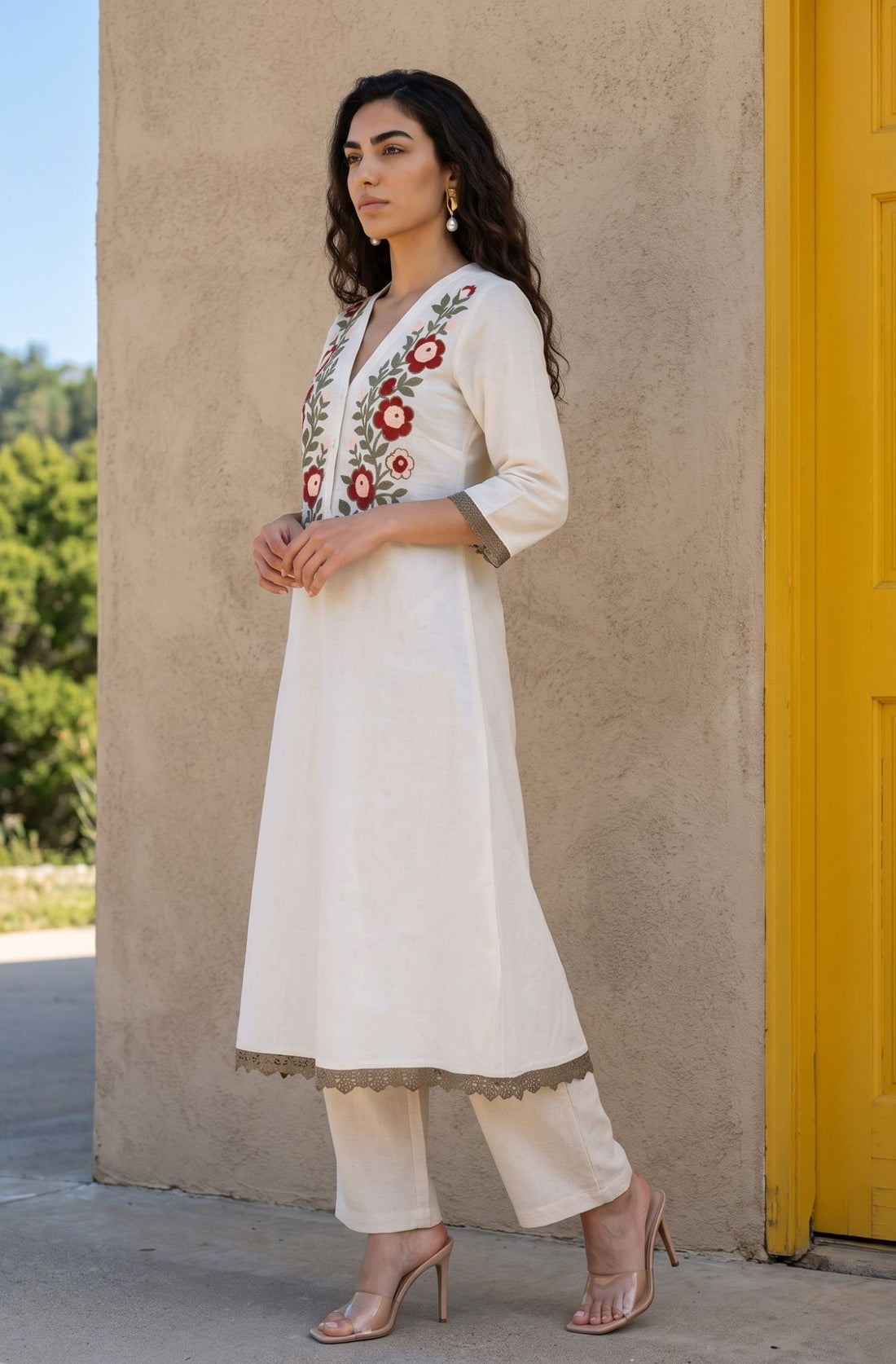 Off White Thread Embroidered Cotton Flax Straight Kurta with Pants and Dupatta Set