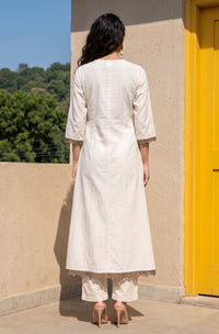 Off White Thread Embroidered Cotton Flax Straight Kurta with Pants and Dupatta Set