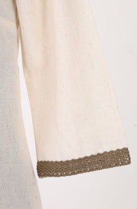 Off White Thread Embroidered Cotton Flax Straight Kurta with Pants and Dupatta Set