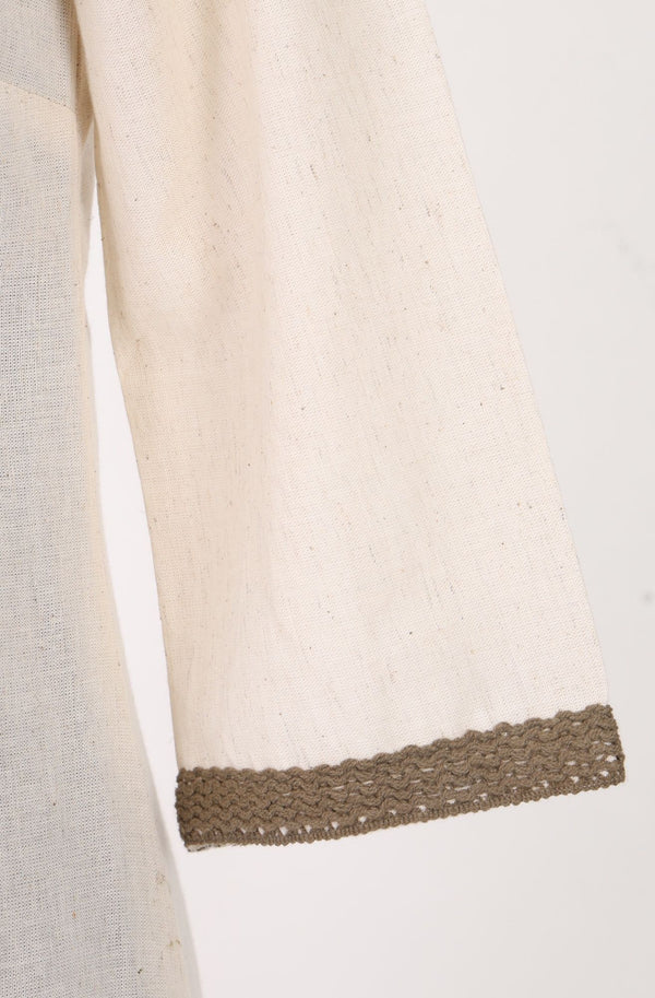 Off White Thread Embroidered Cotton Flax Straight Kurta with Pants and Dupatta Set