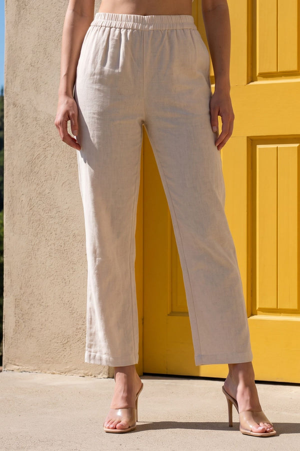 Off White Thread Embroidered Cotton Flax Straight Kurta with Pants and Dupatta Set