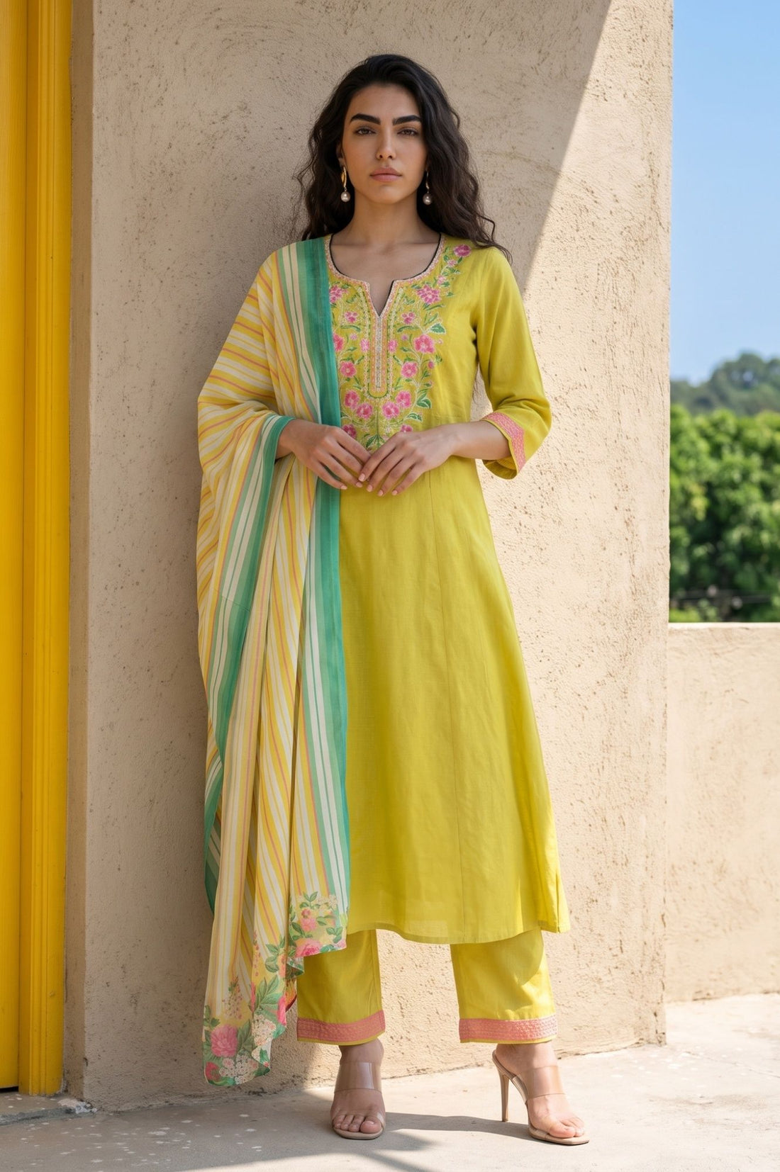 Yellow Thread Embroidered Cotton Flax A-line Kurta with Pants Set