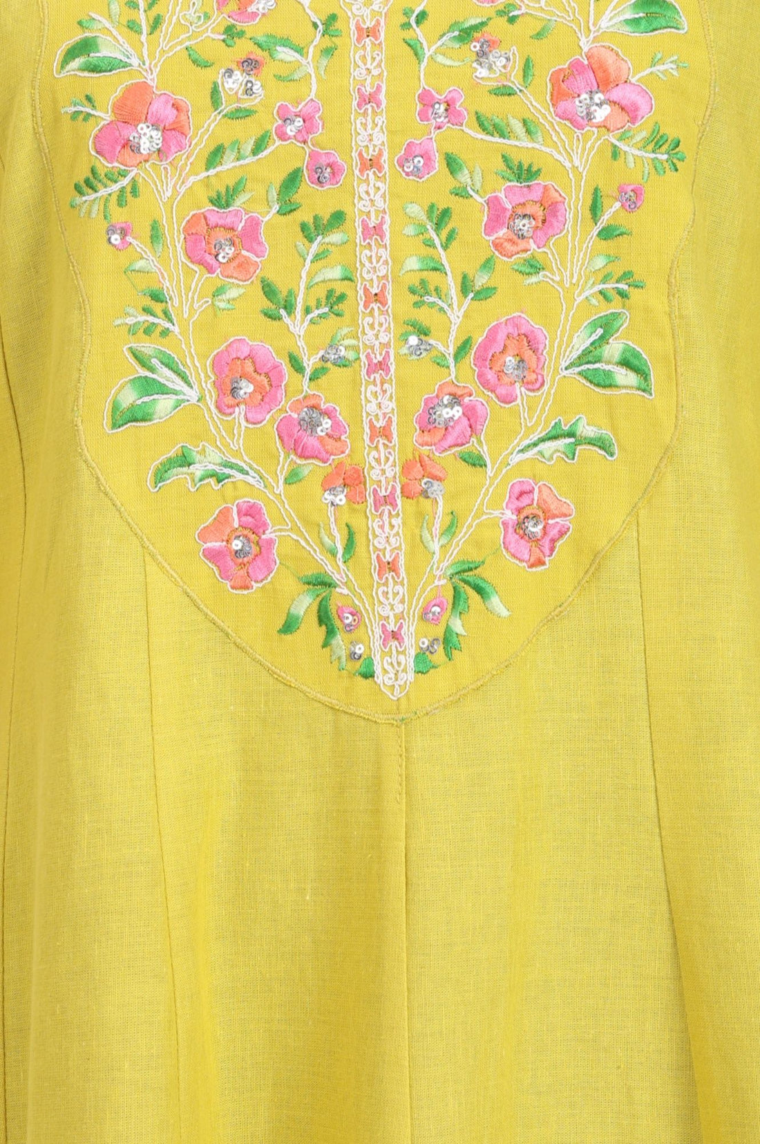 Yellow Thread Embroidered Cotton Flax A-line Kurta with Pants Set
