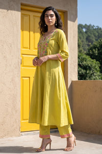 Yellow Thread Embroidered Cotton Flax A-line Kurta with Pants Set