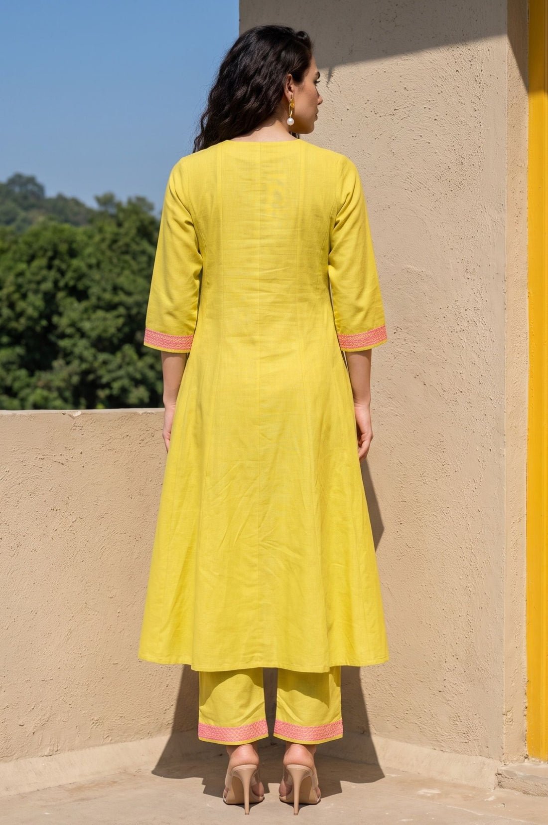 Yellow Thread Embroidered Cotton Flax A-line Kurta with Pants Set