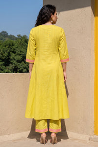 Yellow Thread Embroidered Cotton Flax A-line Kurta with Pants Set