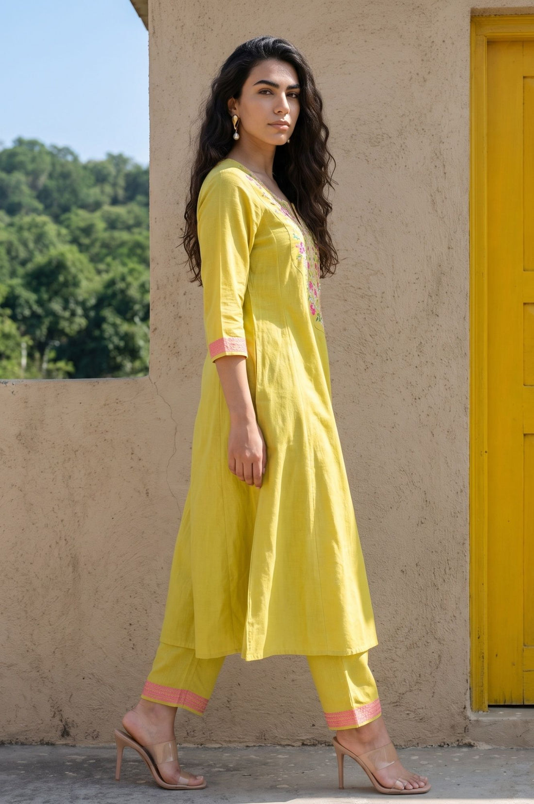Yellow Thread Embroidered Cotton Flax A-line Kurta with Pants Set