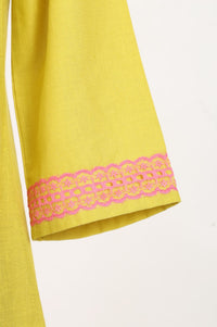 Yellow Thread Embroidered Cotton Flax A-line Kurta with Pants Set