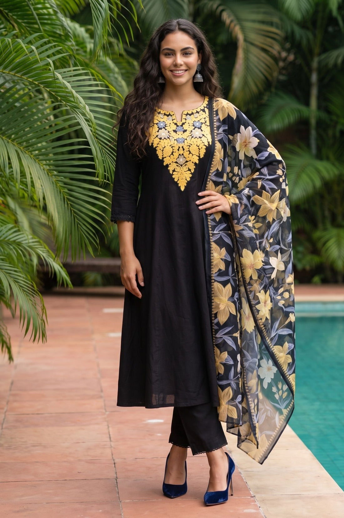 Black Embroidered Pure Cotton Flared Kurta with Trouser and Dupatta Set