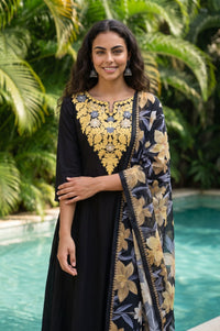 Black Embroidered Pure Cotton Flared Kurta with Trouser and Dupatta Set