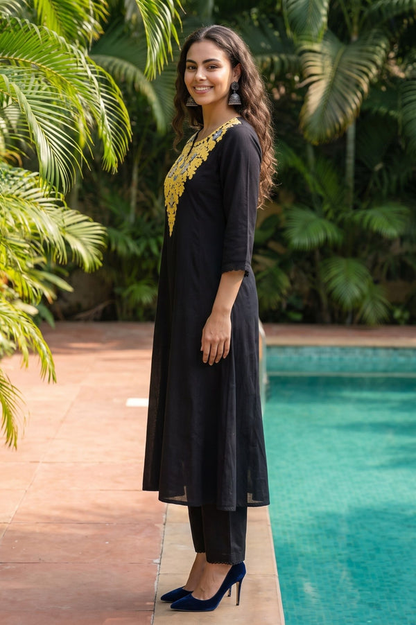 Black Embroidered Pure Cotton Flared Kurta with Trouser and Dupatta Set