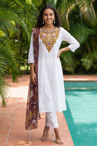 White Thread Embroidered Pure Cotton Flared Kurta with Trousers and Dupatta Set
