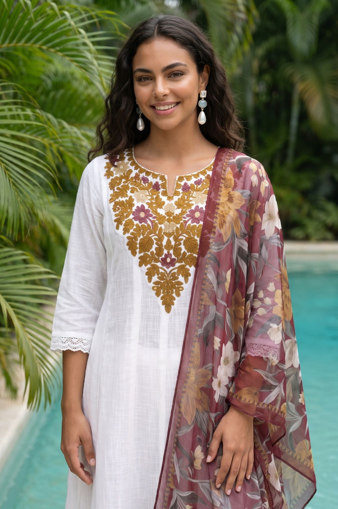 White Thread Embroidered Pure Cotton Flared Kurta with Trousers and Dupatta Set