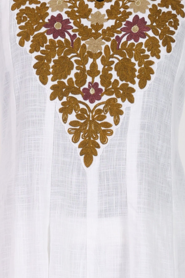 White Thread Embroidered Pure Cotton Flared Kurta with Trousers and Dupatta Set