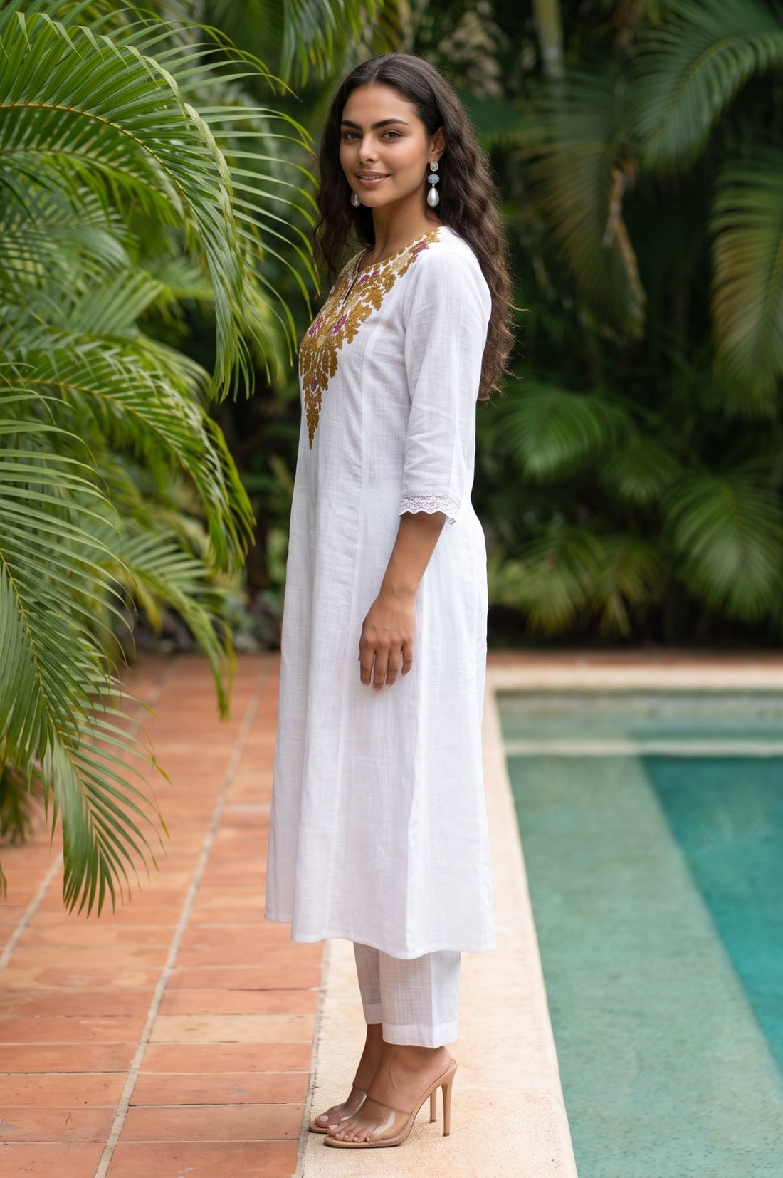 White Thread Embroidered Pure Cotton Flared Kurta with Trousers and Dupatta Set