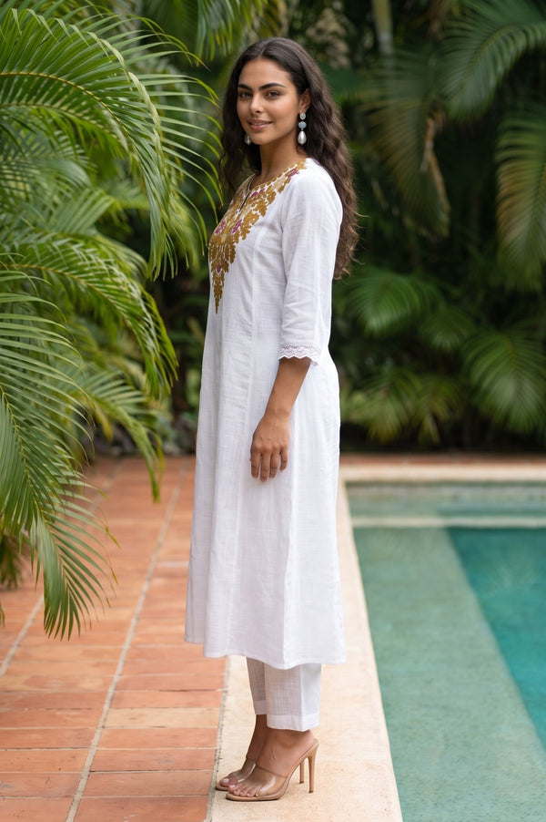 White Thread Embroidered Pure Cotton Flared Kurta with Trousers and Dupatta Set