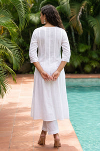 White Thread Embroidered Pure Cotton Flared Kurta with Trousers and Dupatta Set