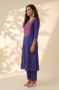 Purple Thread Embroidered Pure Cotton Straight Kurta with Trousers anmd Dupatta Set
