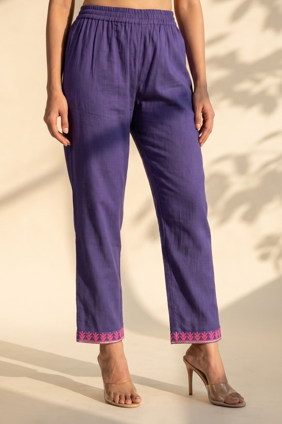 Purple Thread Embroidered Pure Cotton Straight Kurta with Trousers anmd Dupatta Set