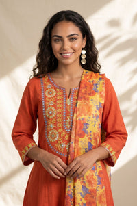 Orange Thread Embroidered Pure Cotton Straight Kurta with Trousers and Dupatta Set