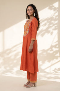 Orange Thread Embroidered Pure Cotton Straight Kurta with Trousers and Dupatta Set