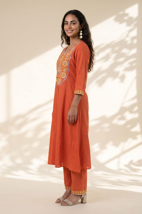Orange Thread Embroidered Pure Cotton Straight Kurta with Trousers and Dupatta Set