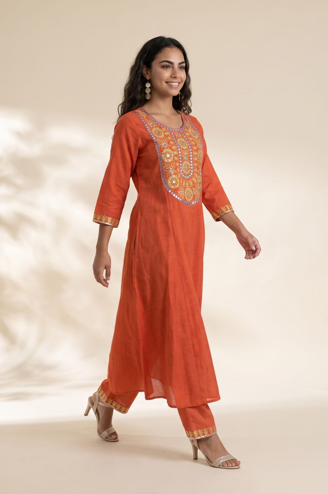 Orange Thread Embroidered Pure Cotton Straight Kurta with Trousers and Dupatta Set
