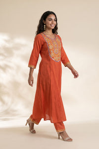 Orange Thread Embroidered Pure Cotton Straight Kurta with Trousers and Dupatta Set