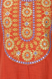 Orange Thread Embroidered Pure Cotton Straight Kurta with Trousers and Dupatta Set