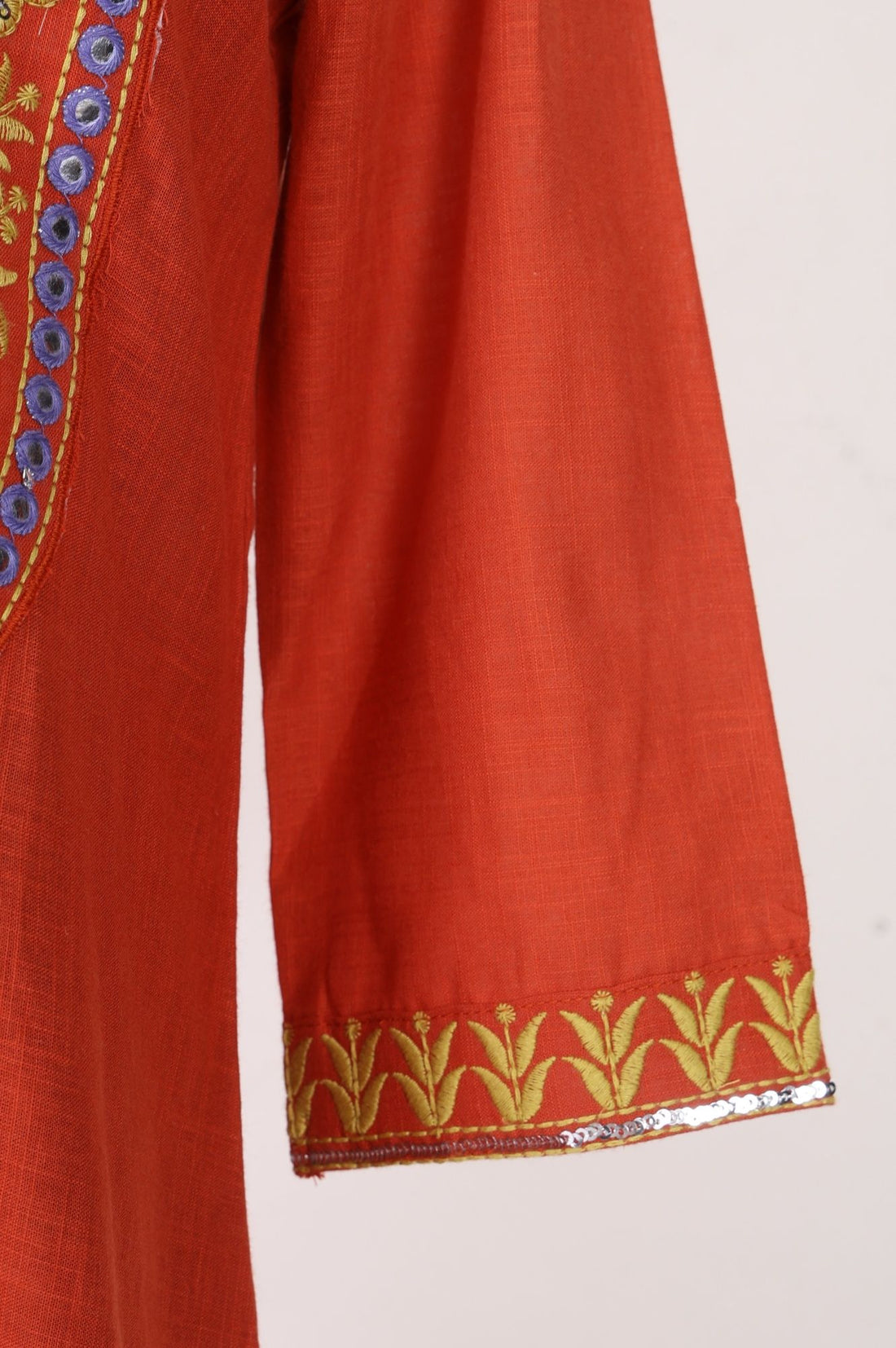 Orange Thread Embroidered Pure Cotton Straight Kurta with Trousers and Dupatta Set