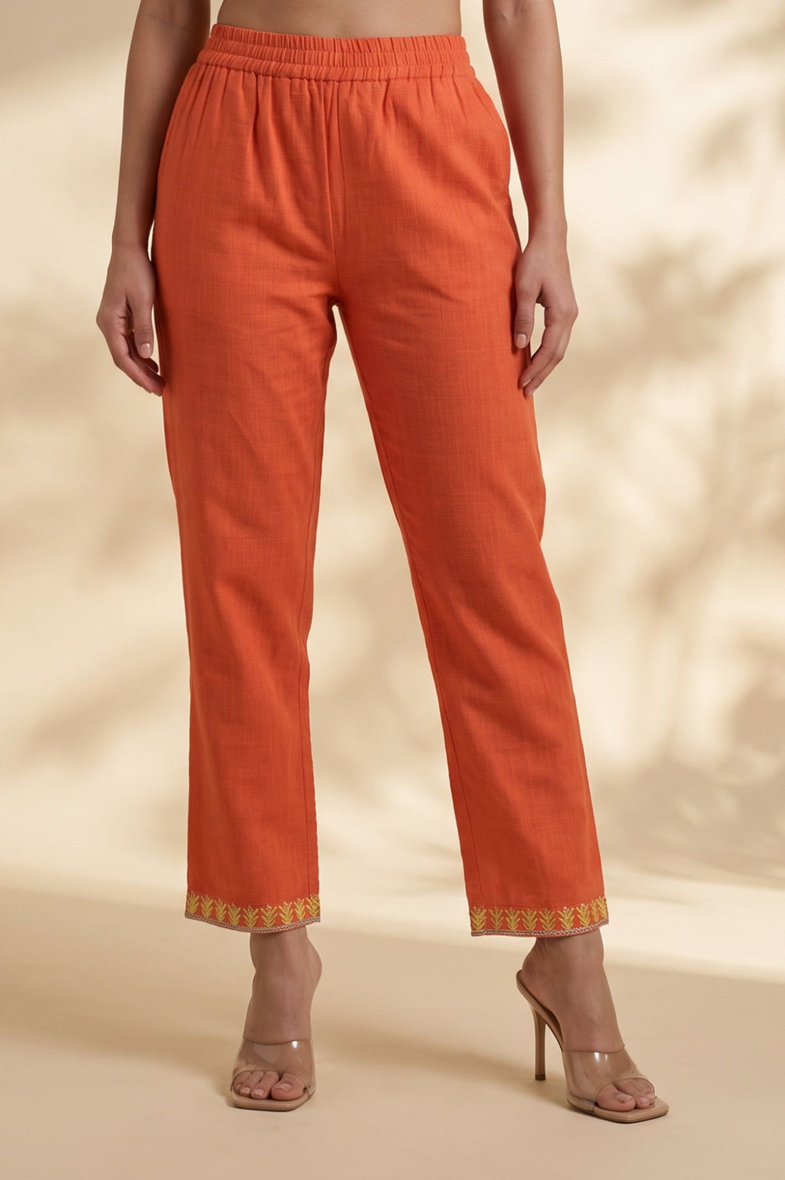 Orange Thread Embroidered Pure Cotton Straight Kurta with Trousers and Dupatta Set