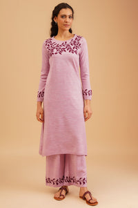 Pink Botanical Printed Jacquard Acrylic Straight Winter Kurta with Palazzo Set