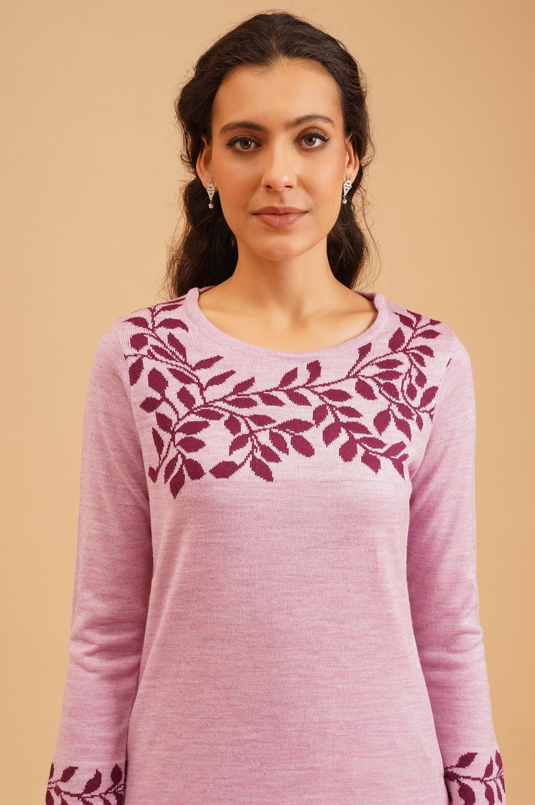 Pink Botanical Printed Jacquard Acrylic Straight Winter Kurta with Palazzo Set