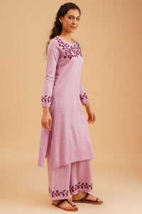 Pink Botanical Printed Jacquard Acrylic Straight Winter Kurta with Palazzo Set