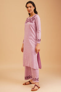 Pink Botanical Printed Jacquard Acrylic Straight Winter Kurta with Palazzo Set