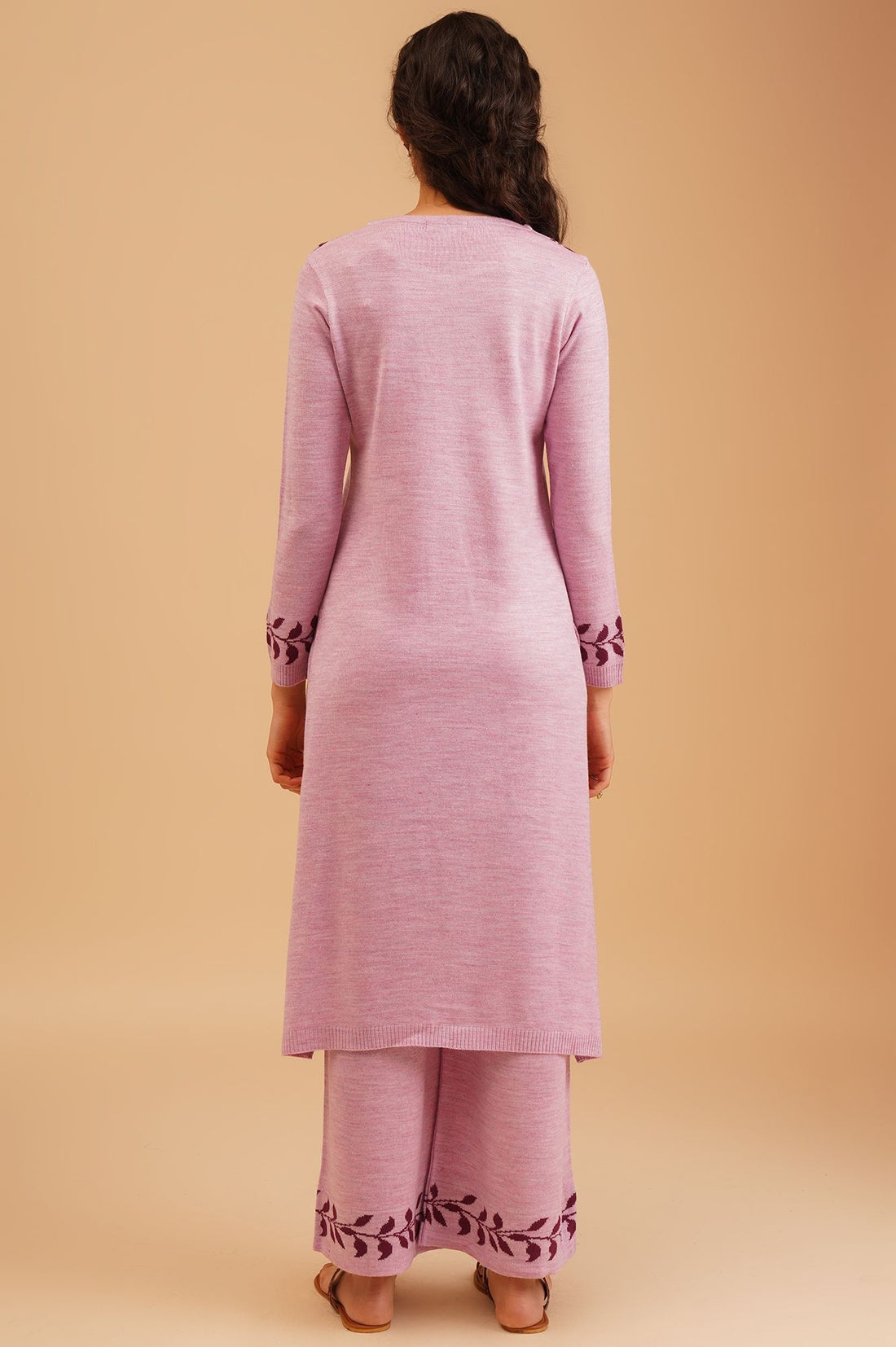 Pink Botanical Printed Jacquard Acrylic Straight Winter Kurta with Palazzo Set