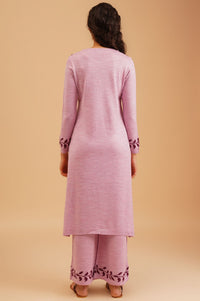 Pink Botanical Printed Jacquard Acrylic Straight Winter Kurta with Palazzo Set