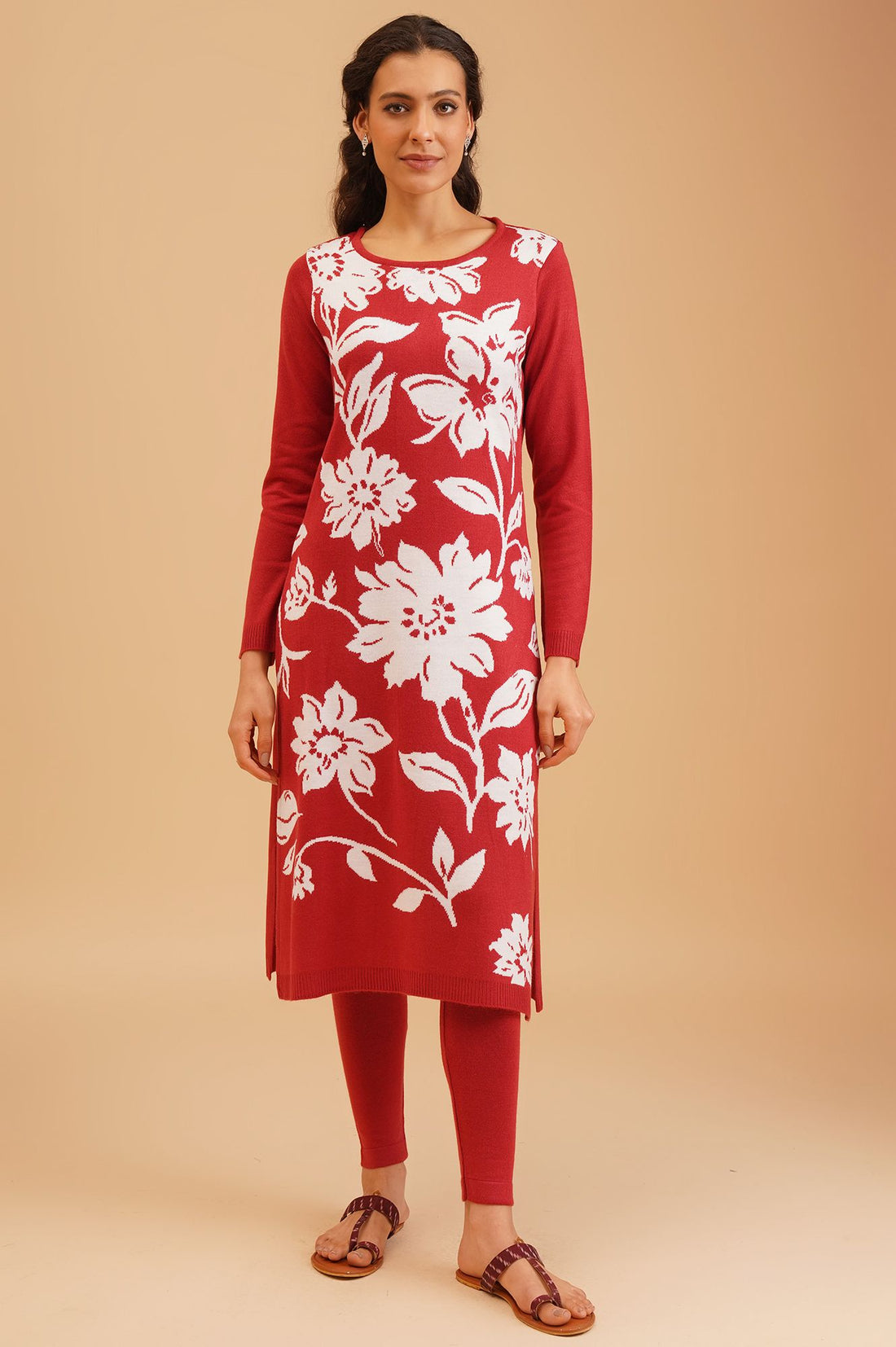 Red Acrylic Straight Winter Kurta with Palazzo Set