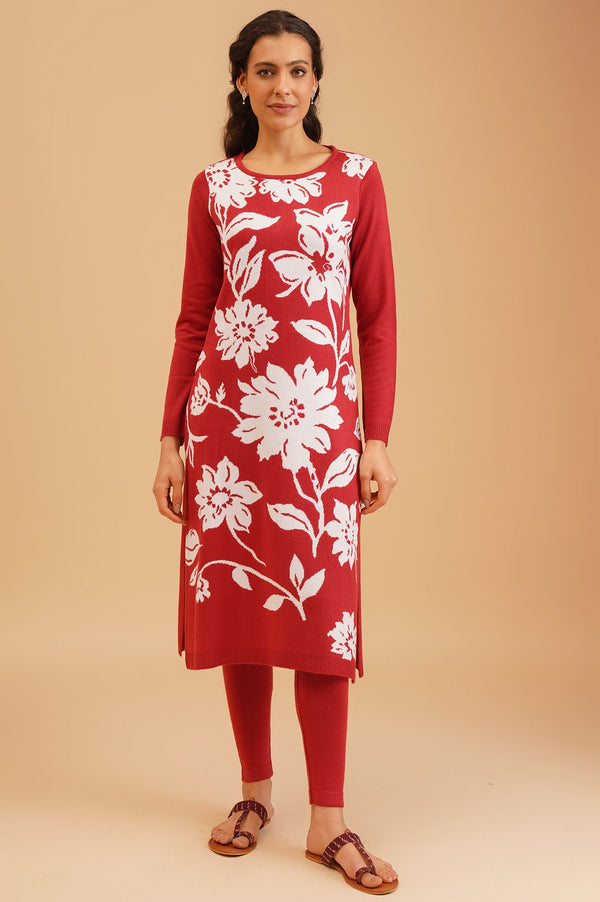 Red Acrylic Straight Winter Kurta with Palazzo Set