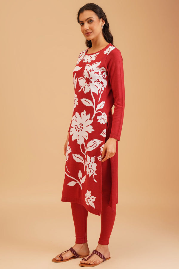 Red Acrylic Straight Winter Kurta with Palazzo Set