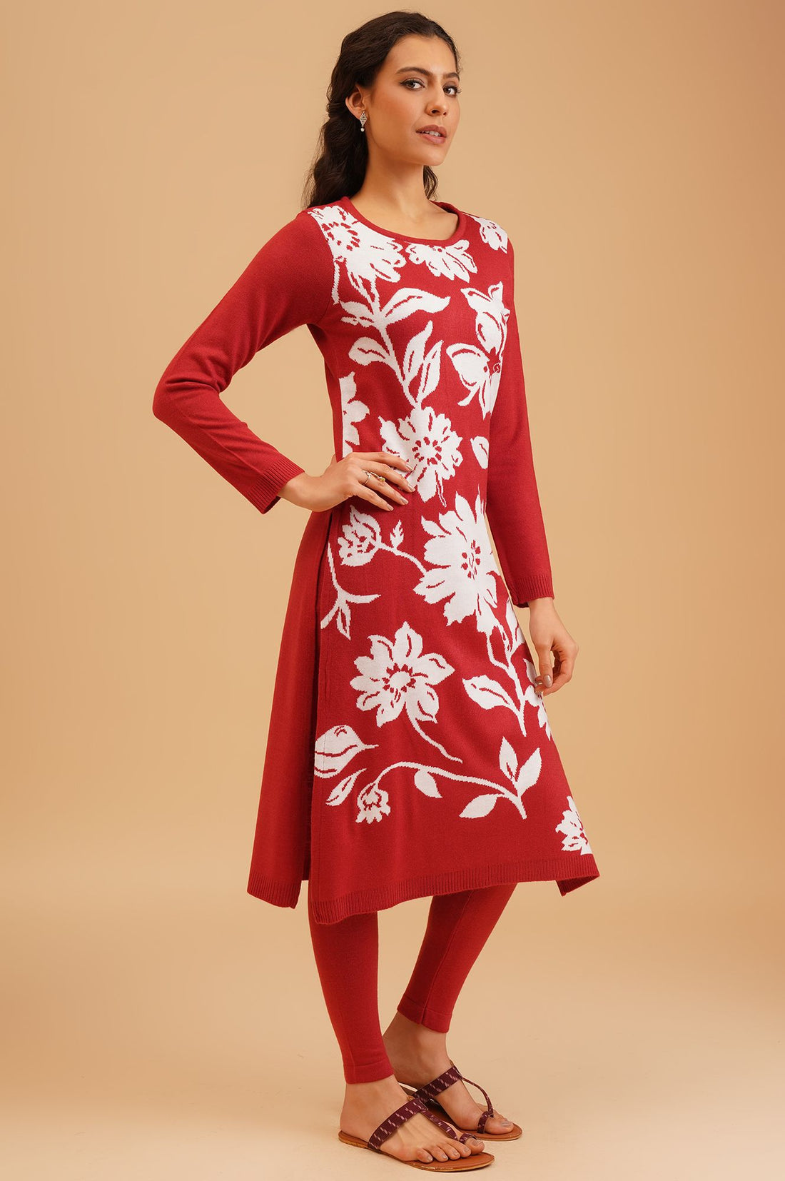 Red Acrylic Straight Winter Kurta with Palazzo Set